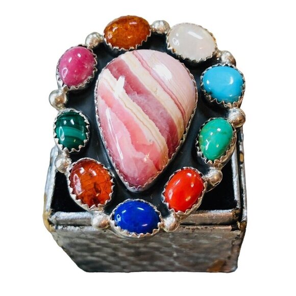 American Southwest Multi Gemstone Rhodochrosite Turquoise Sterling Silver Ring 8 - Picture 4 of 5